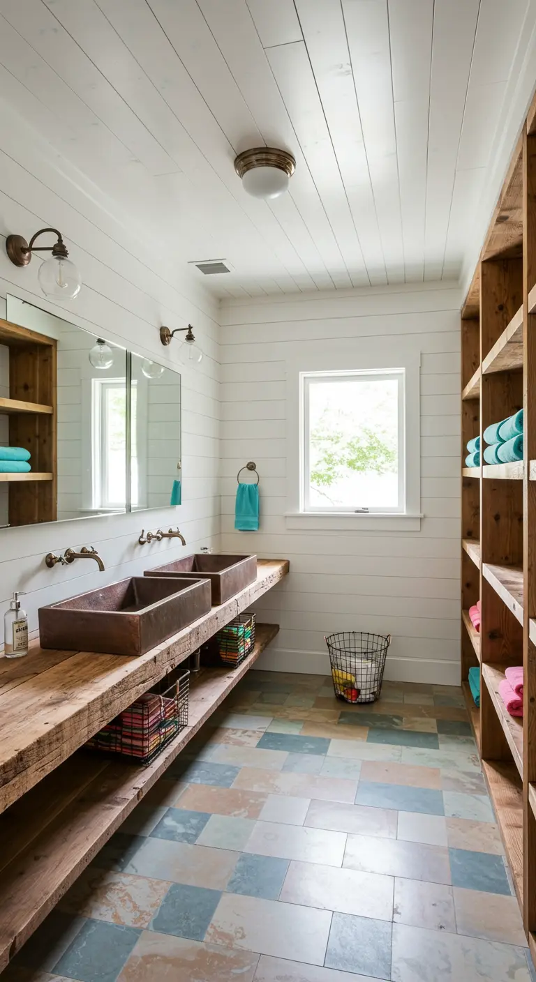 Farmhouse bathroom with colorful patchwork slate floor tiles and open shelving.