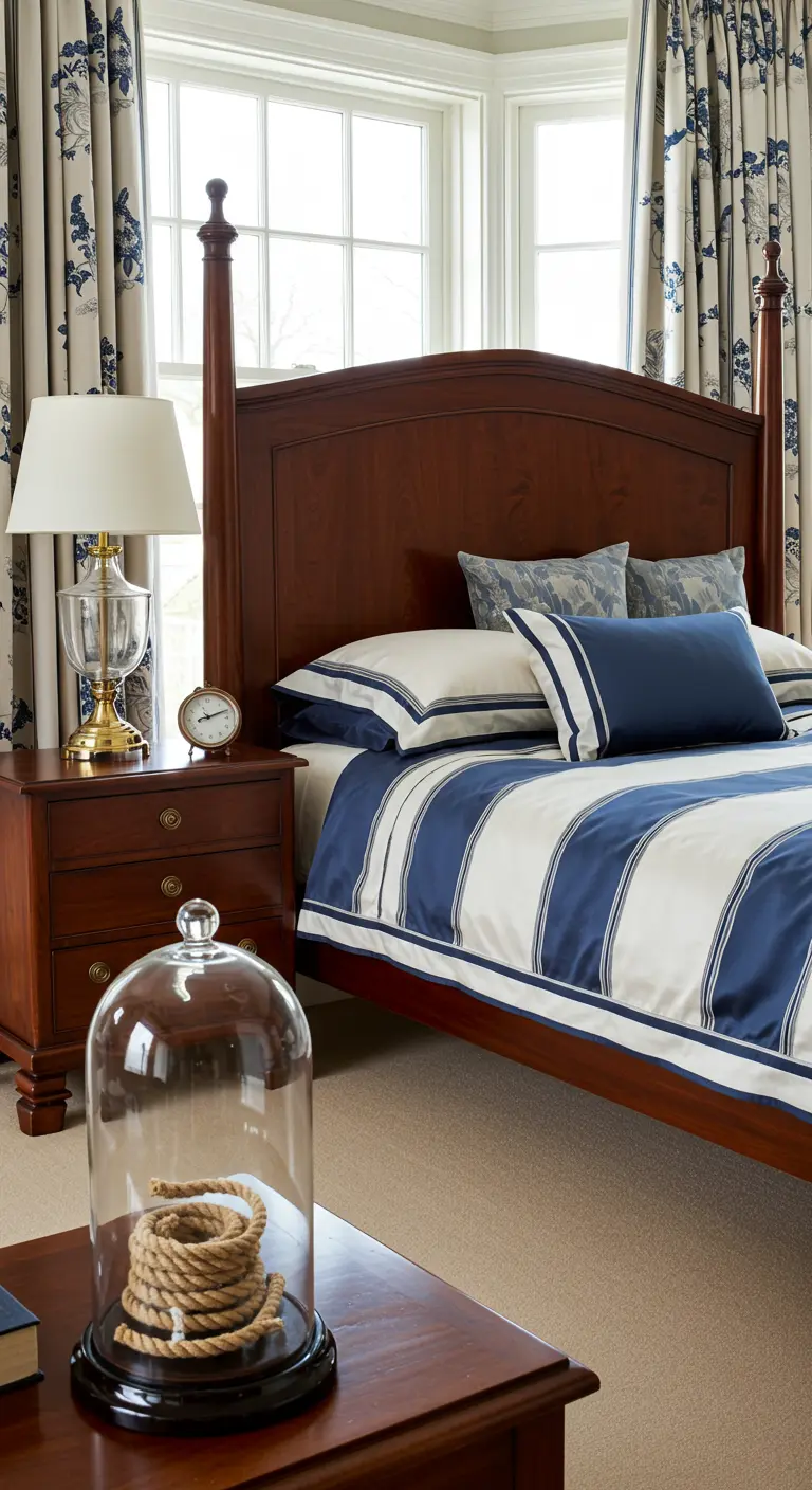 Traditional bedroom with striped bedding and a coil of rope displayed under a glass cloche.