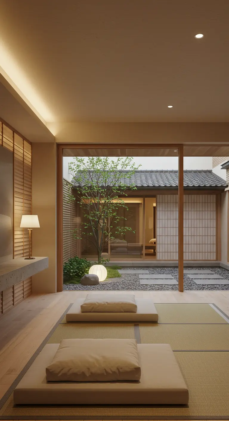 A serene room with tatami mats looks out onto a traditional Japanese courtyard garden.