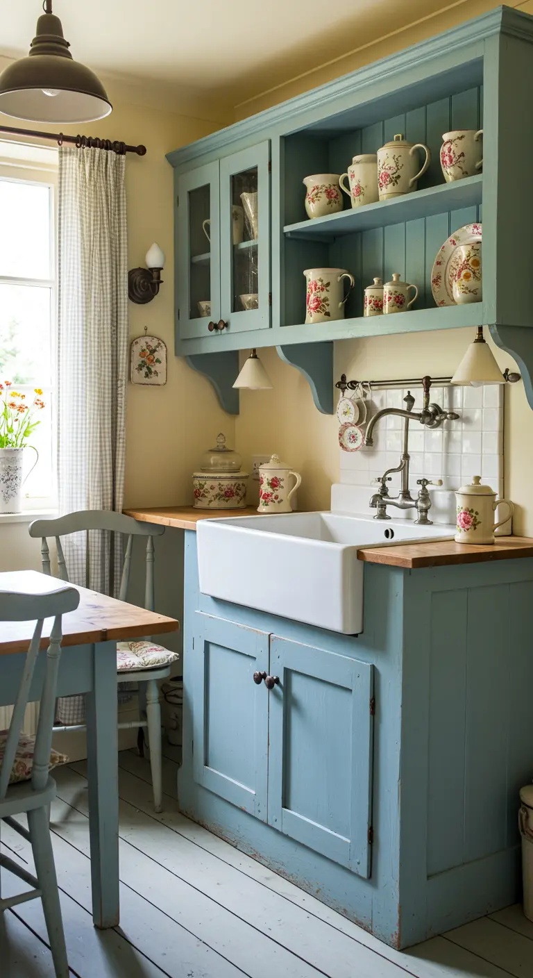 A small Country French kitchen with blue cabinets, open shelves with floral pottery, and a farm sink.