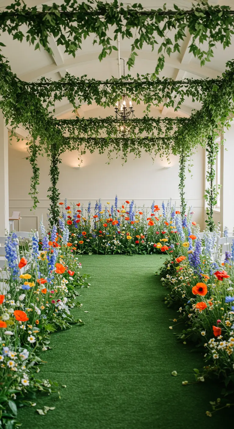Indoor wedding aisle with artificial grass and colorful wildflower borders.