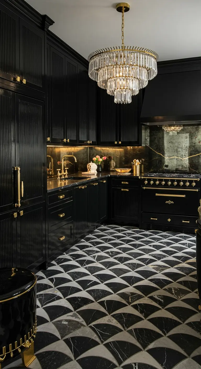 Luxurious all-black kitchen with fluted cabinets and a grand crystal chandelier.