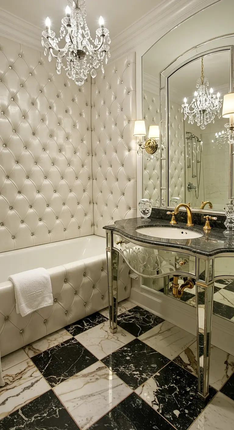 Glamorous bathroom with a tufted wall, mirrored vanity, and black and white marble floor.