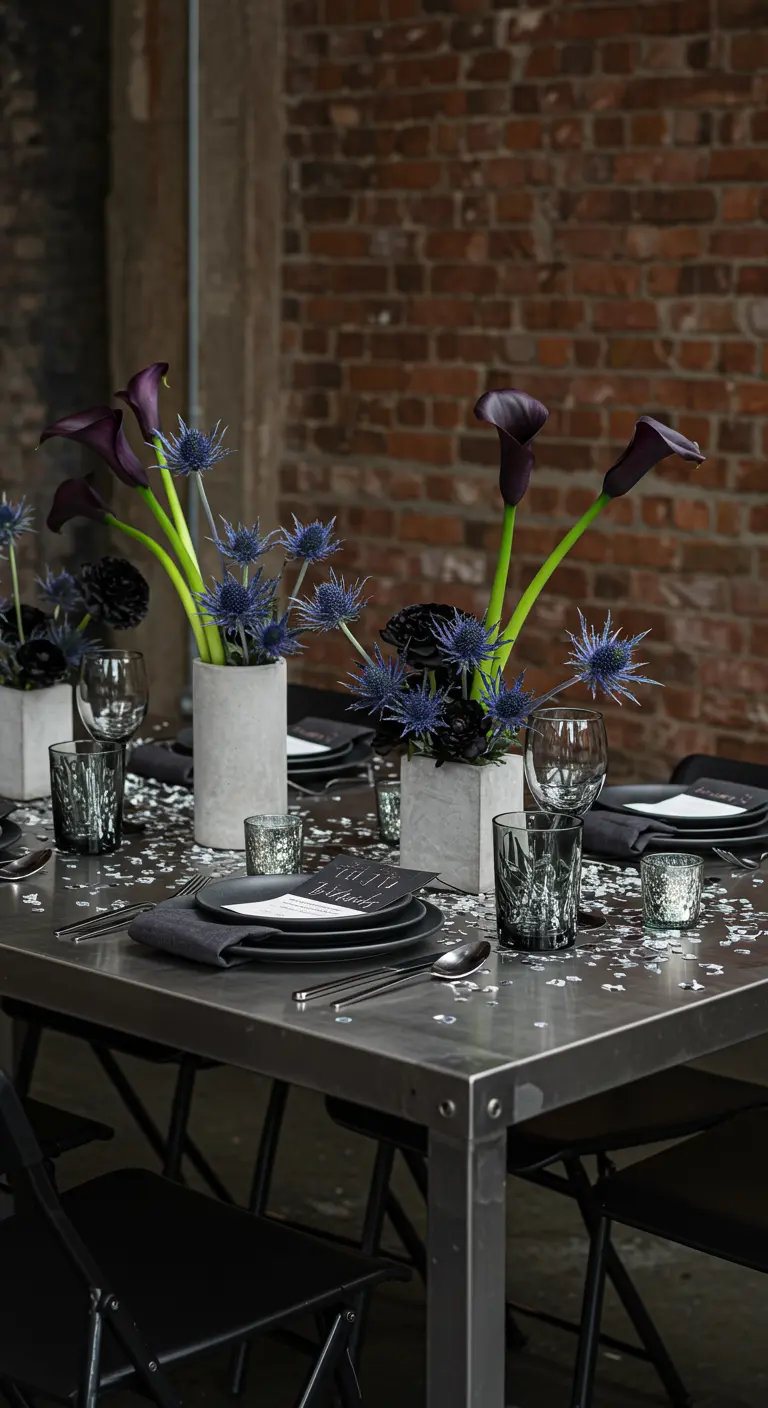 Industrial table with purple calla lilies in concrete vases and black plates.