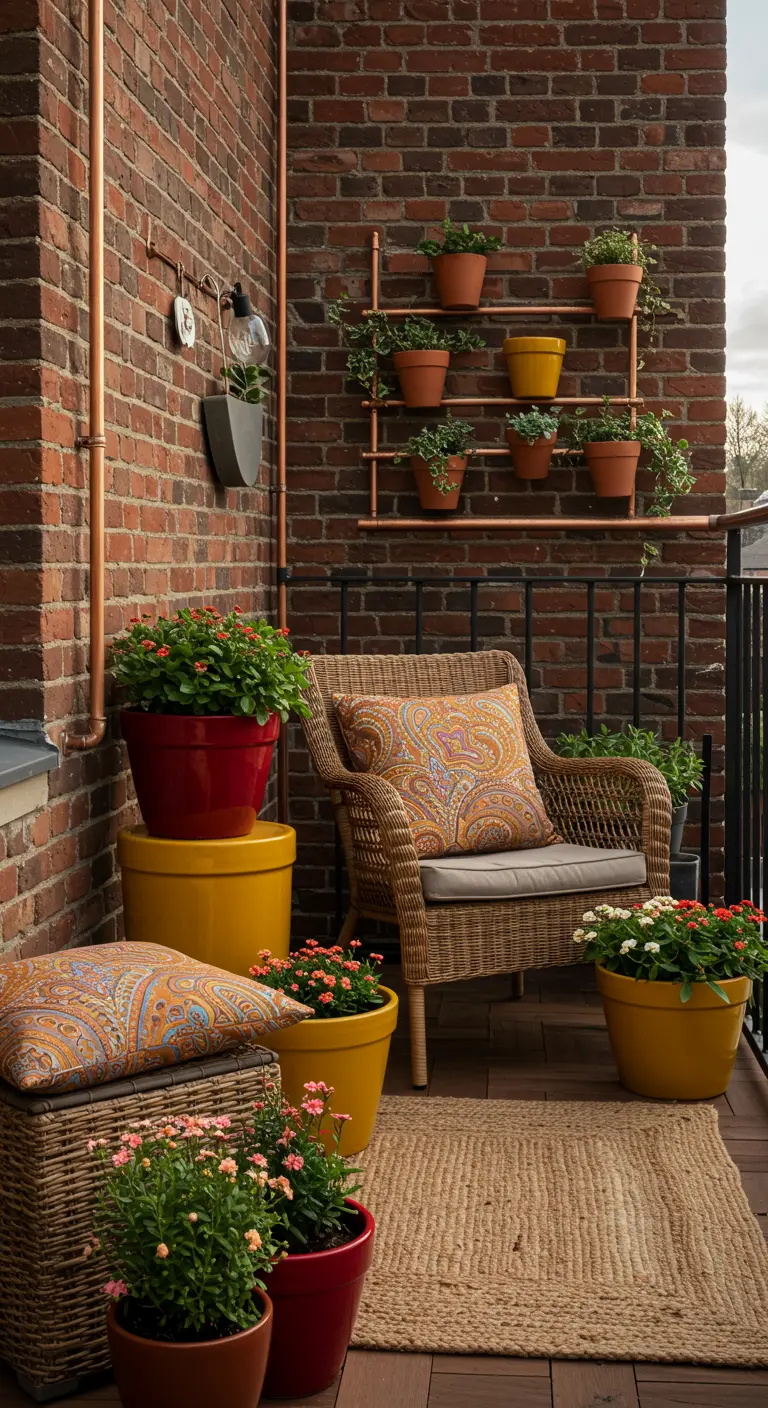 A balcony with a brick wall, copper pipe shelves for plants, and a wicker chair.