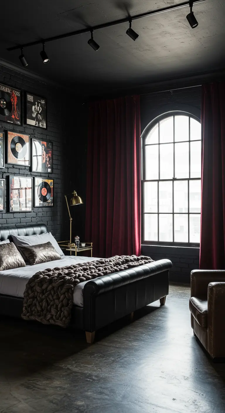 Dark industrial bedroom with a brick wall, record art, and red velvet curtains.