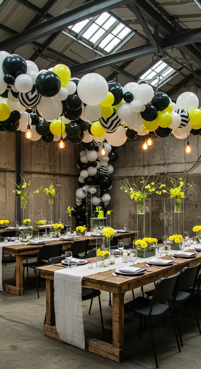 Black, white, and yellow balloon installation on the ceiling of an industrial venue.
