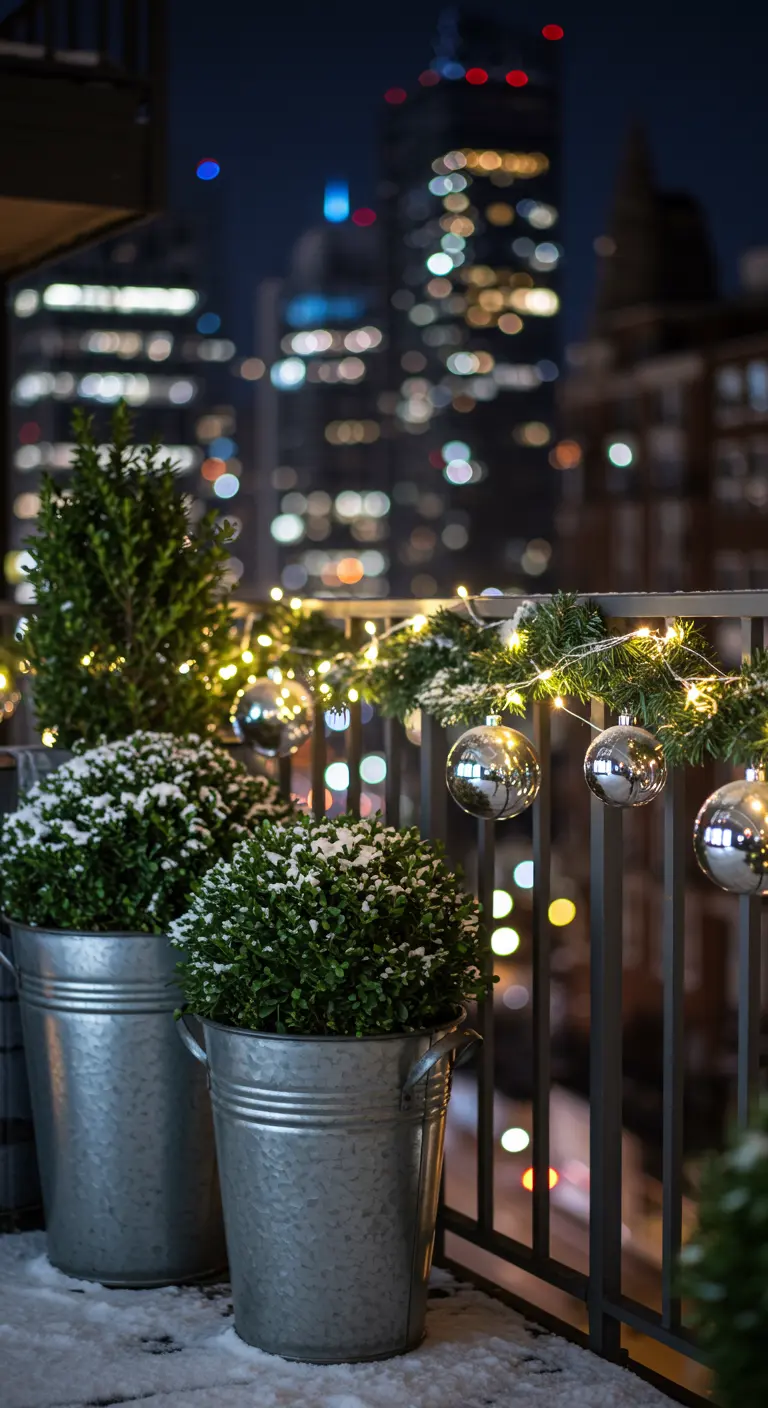 Dwarf evergreens in galvanized steel pots on a city balcony with holiday lights.