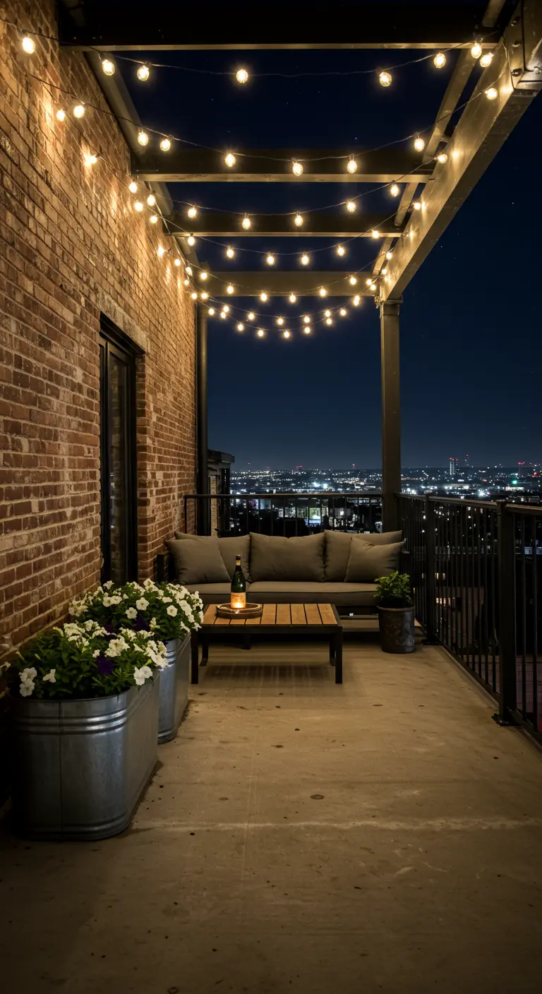 Industrial balcony with brick wall, pergola with string lights, and galvanized tub planters.