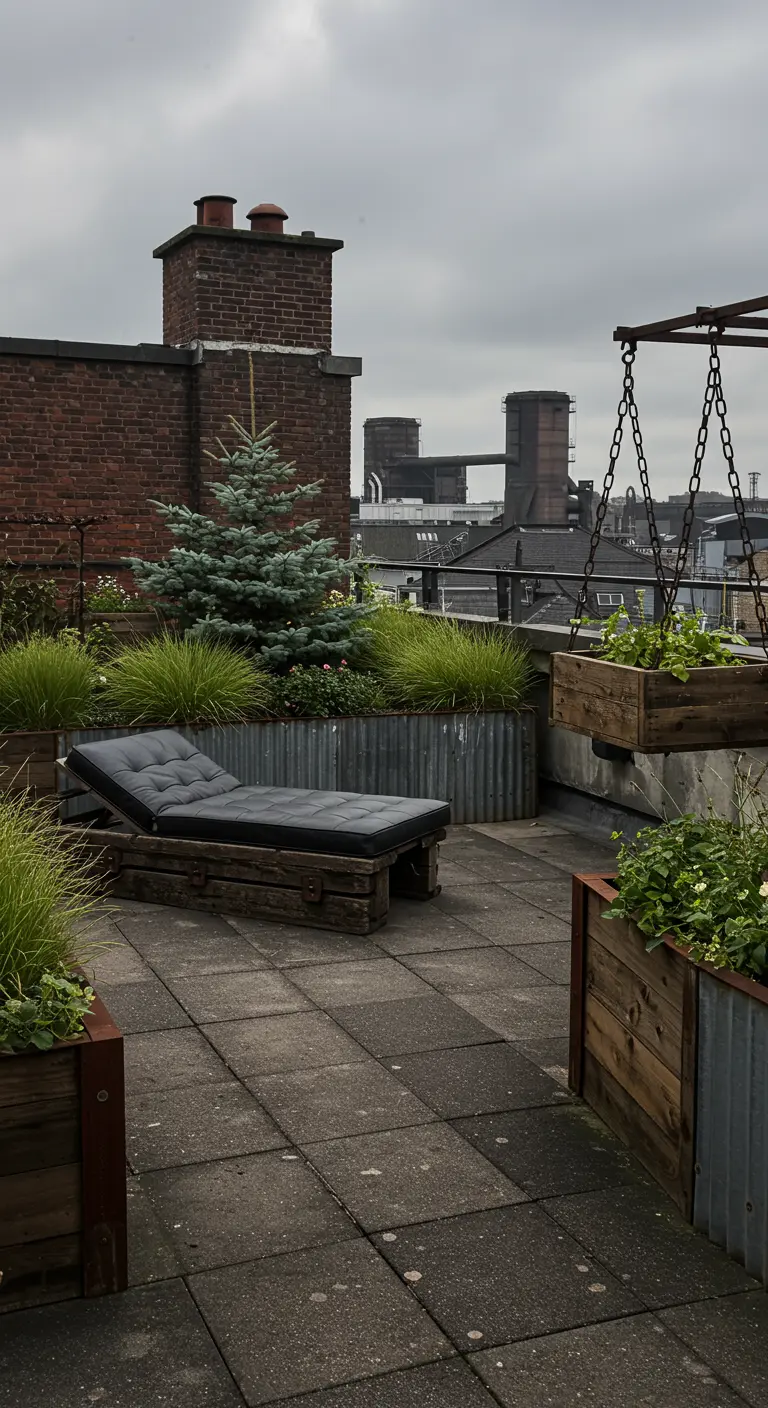 Rooftop with industrial-style planters made of wood and corrugated metal, and a black lounger.