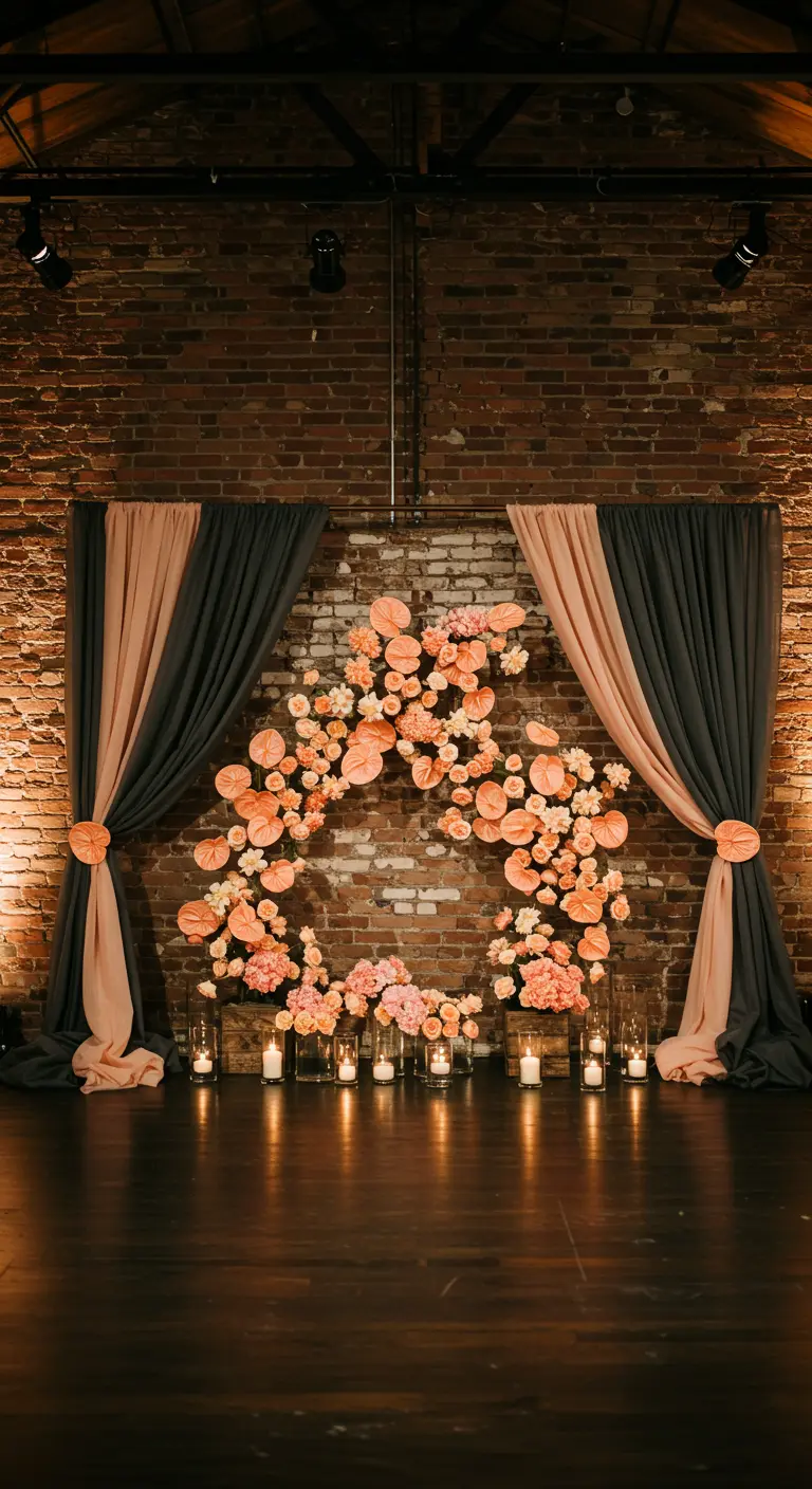 Peach floral hoop against a brick wall, framed by peach and grey curtains.