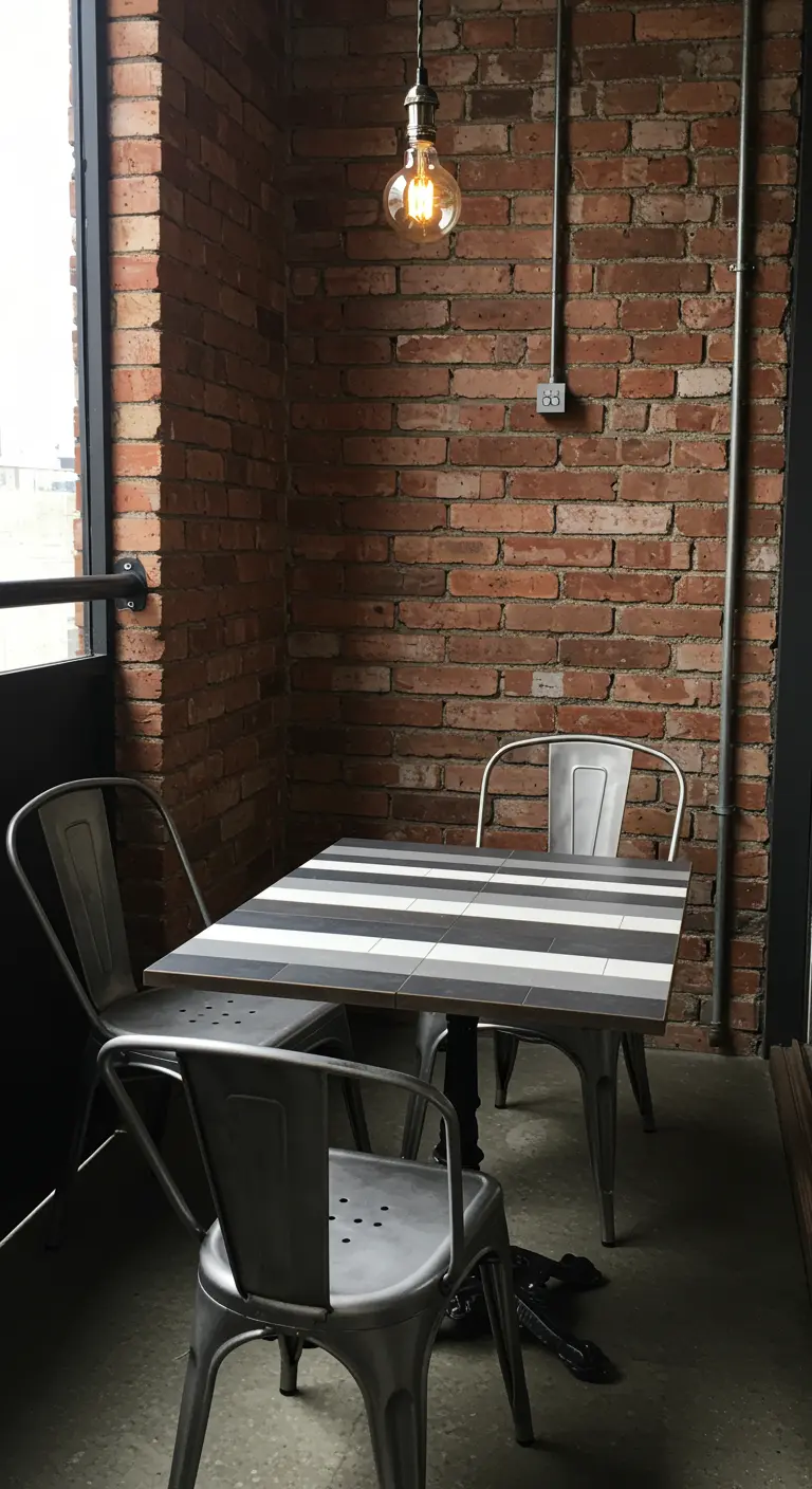 Industrial metal chairs and a striped mosaic table against a red brick wall on a balcony.
