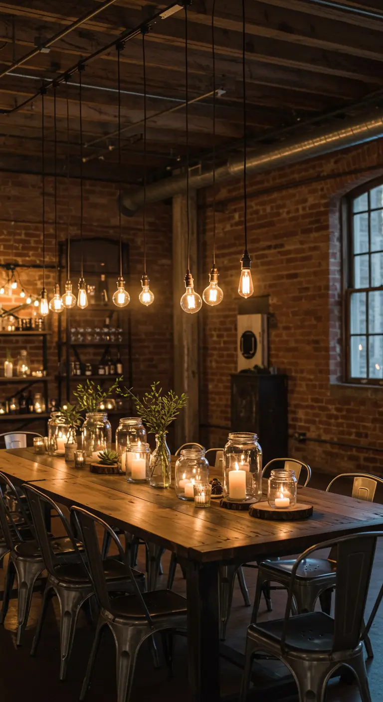 Industrial-style dining room with exposed brick, long wooden table, and jars with candles and greenery.