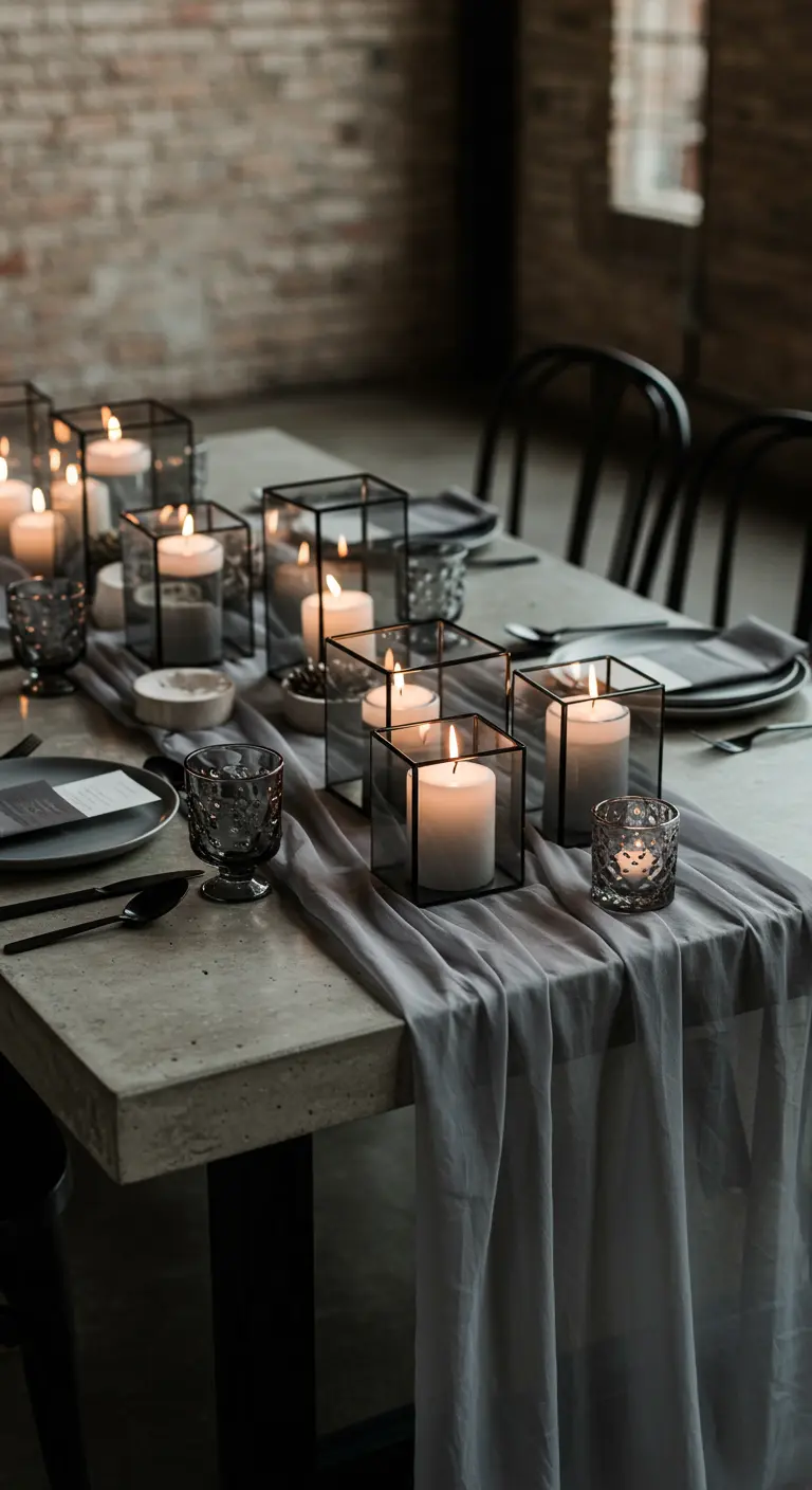 Industrial concrete table with a grey runner and candles in black-framed glass box lanterns.