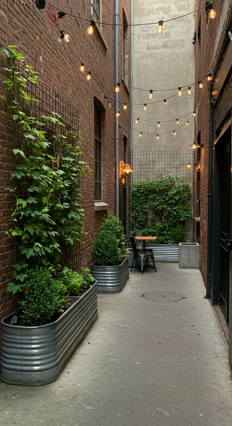 Narrow urban alleyway with galvanized steel planters, climbing plants on trellises, and string lights.
