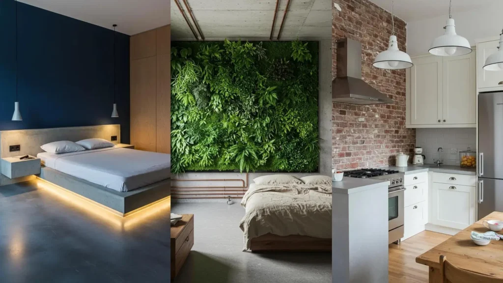 Diverse industrial-chic interiors with concrete finishes, exposed metal pipes, brick walls, and loft vibes.