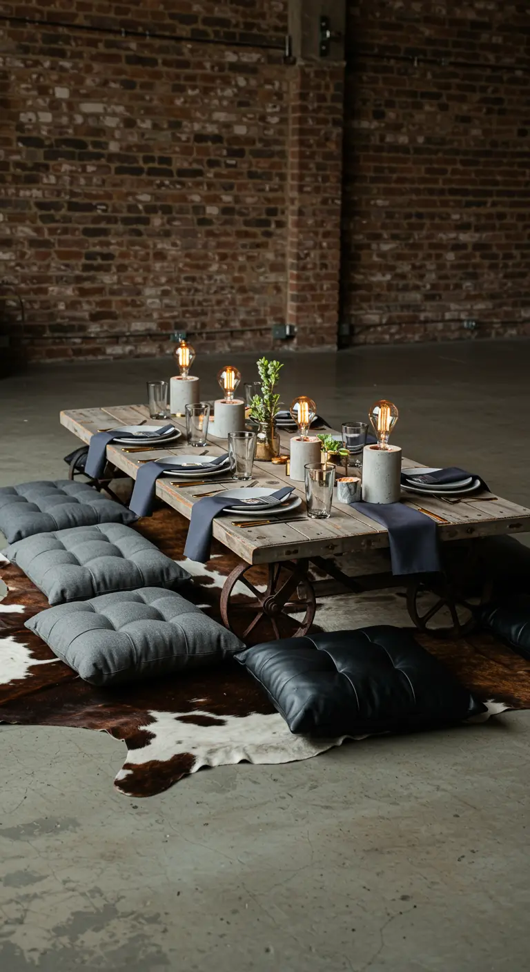 Industrial-style picnic with a brick wall, cowhide rug, and Edison bulb lamps.