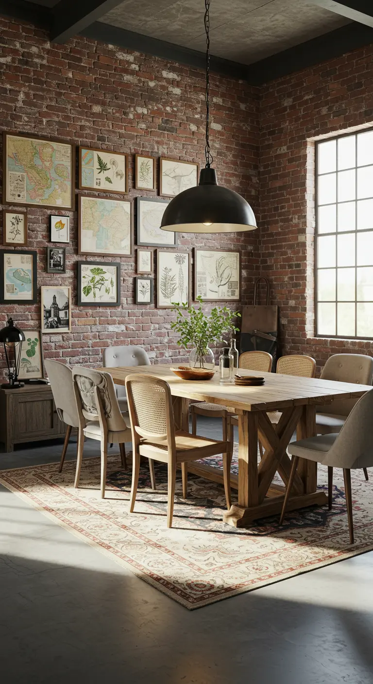Industrial dining room with a brick wall, a large gallery of botanical prints, and a rustic wooden dining table.
