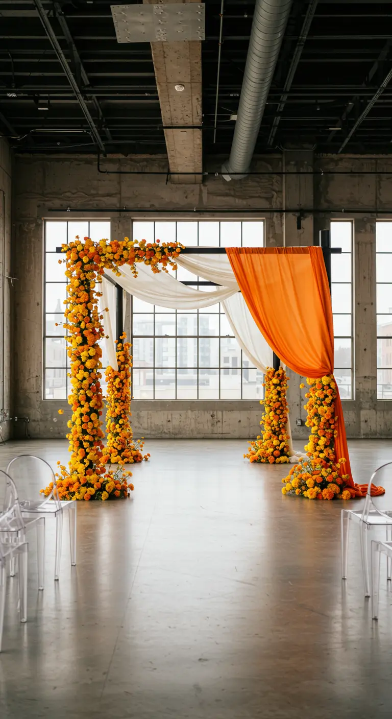 An asymmetrical marigold arrangement on a black metal arch in an industrial loft.