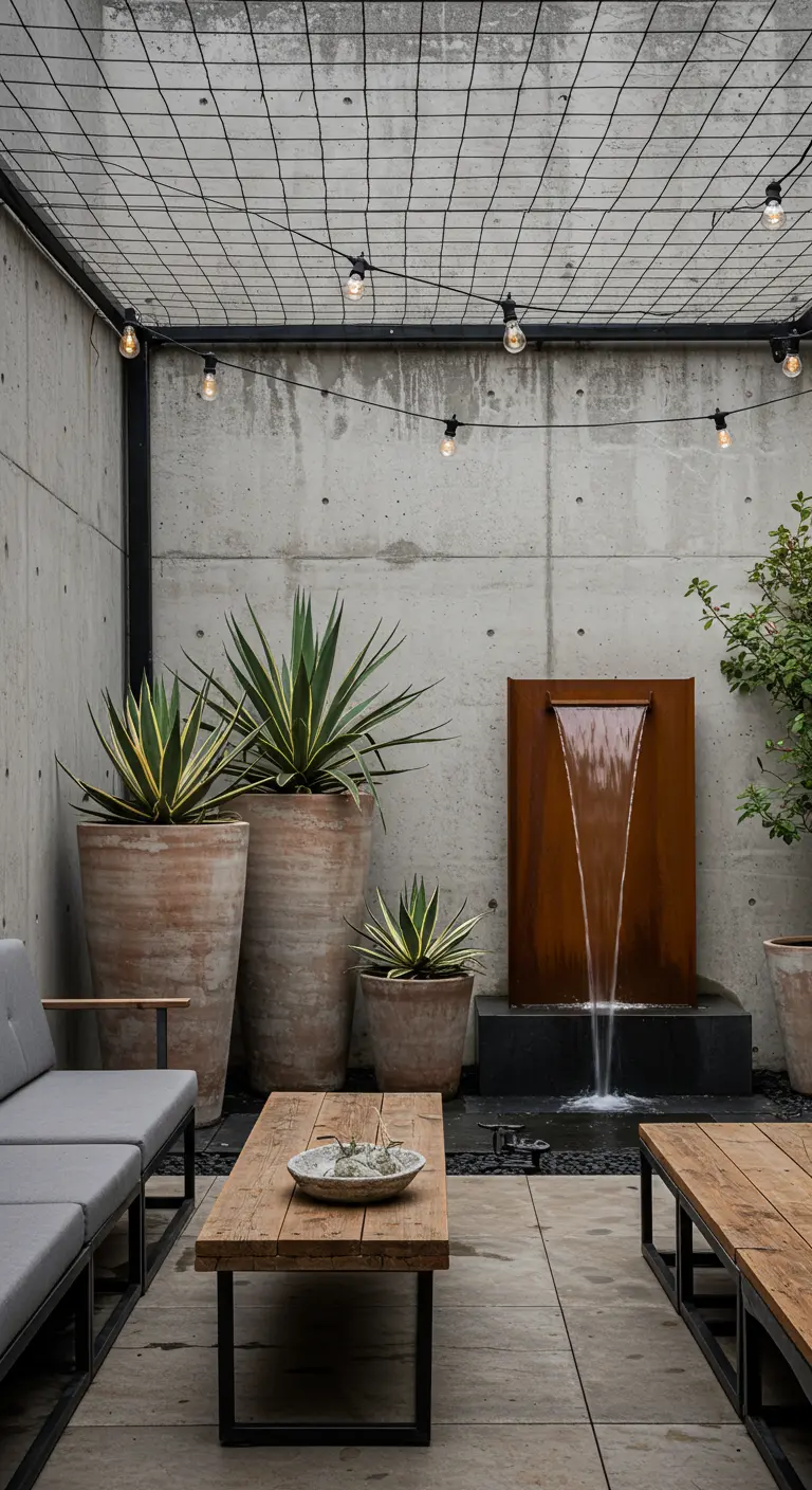 A modern patio with concrete walls, large agave plants, and a Corten steel waterfall.