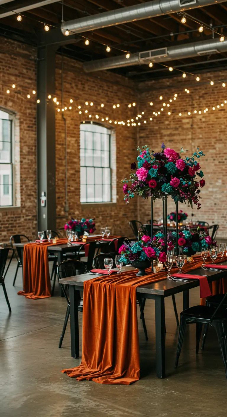 Industrial loft with brick walls, long tables, rust orange velvet runners, and bright jewel-toned flowers.