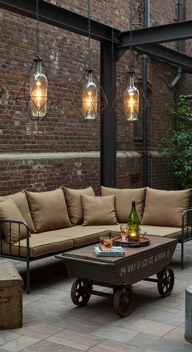 An industrial-style patio with bottle lights hanging in geometric metal cages.
