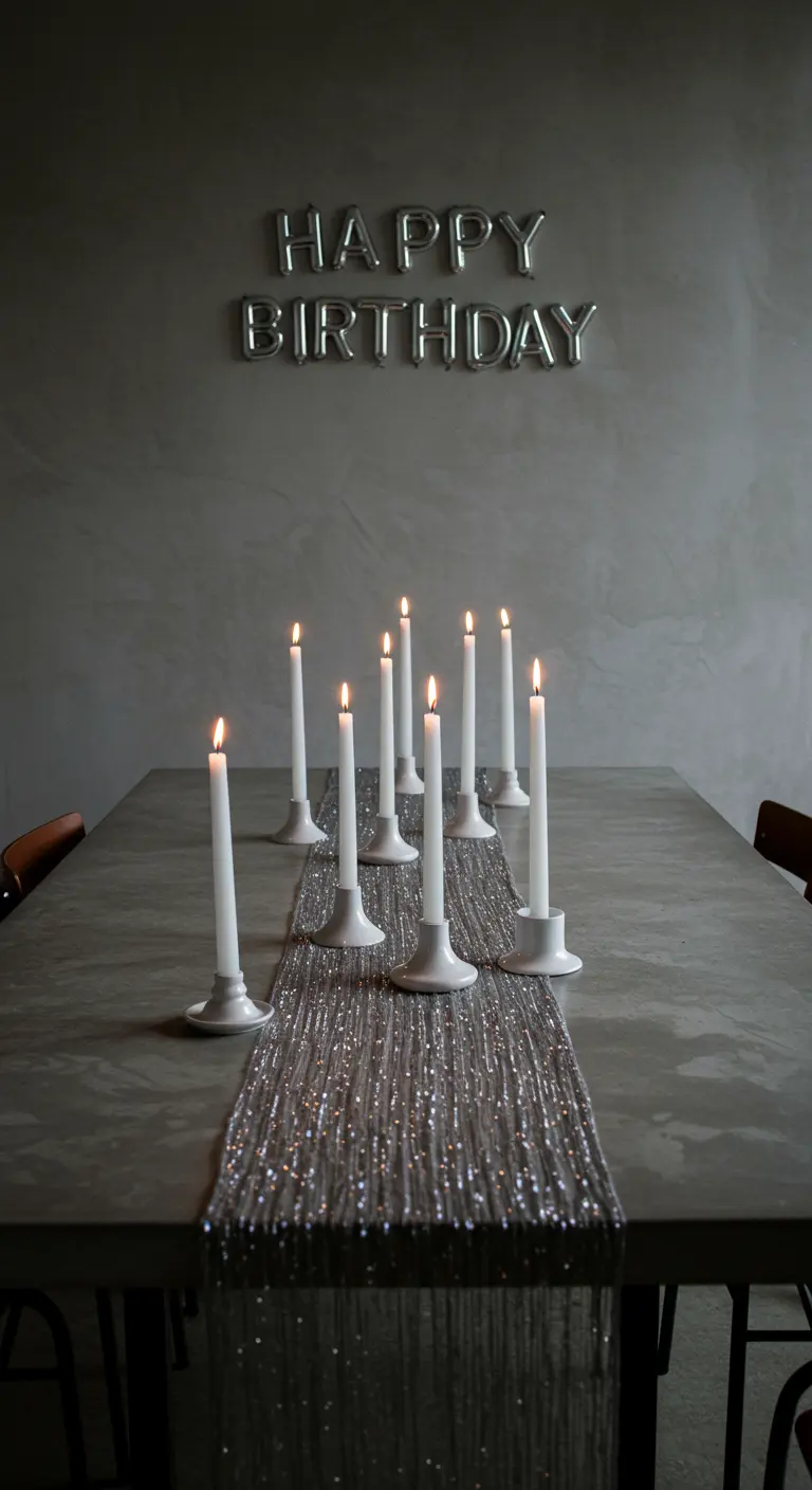 Minimalist concrete table with a silver fringe runner and white taper candles.