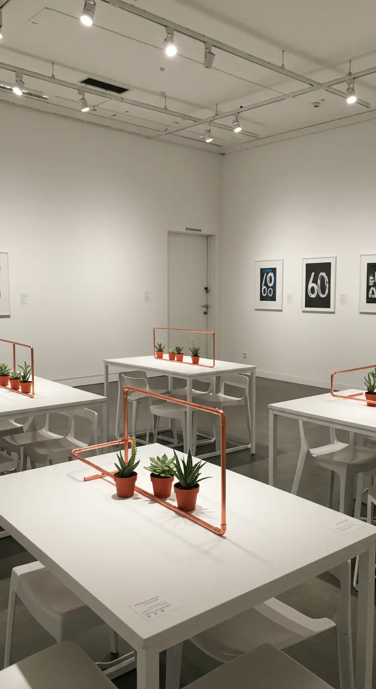 A copper pipe frame holding three small succulent pots on a minimalist white table.