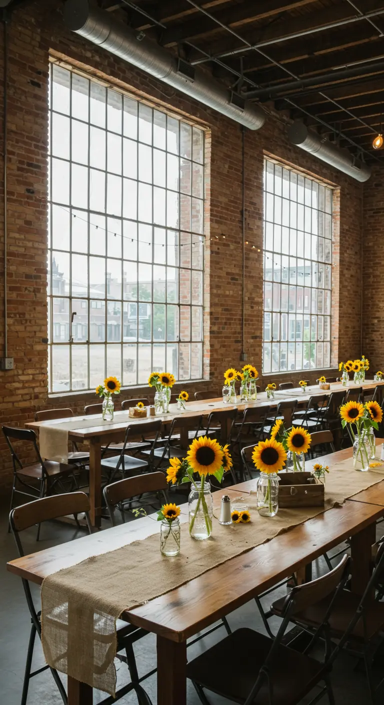 Long wooden tables with sunflower centerpieces in an industrial loft space with brick walls.