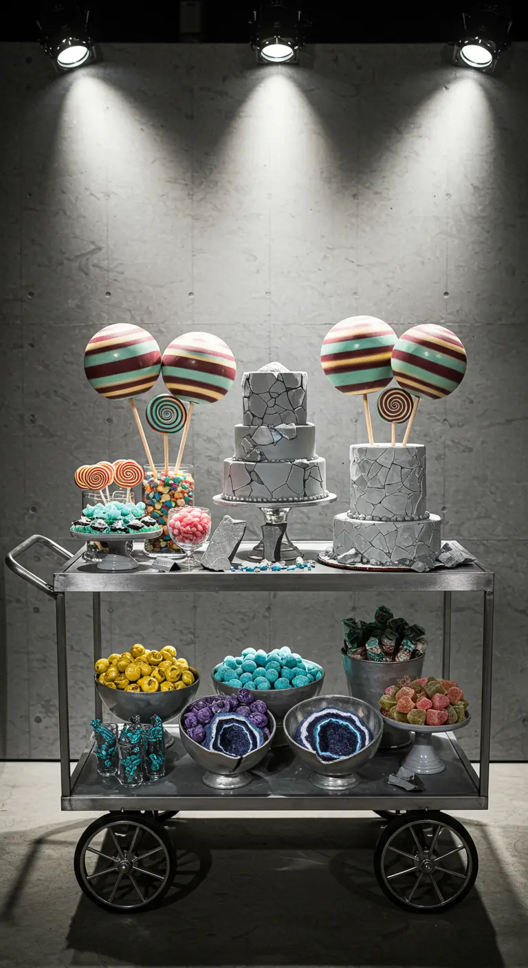 Industrial-themed dessert table on a metal cart with concrete-look cakes.