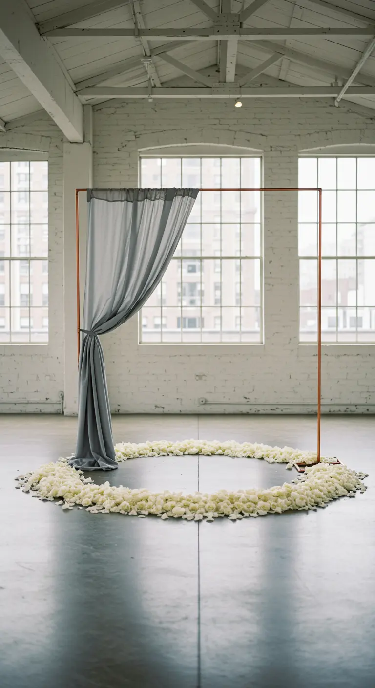 Minimalist copper arch with a grey drape and a circle of white rose petals on a concrete floor.