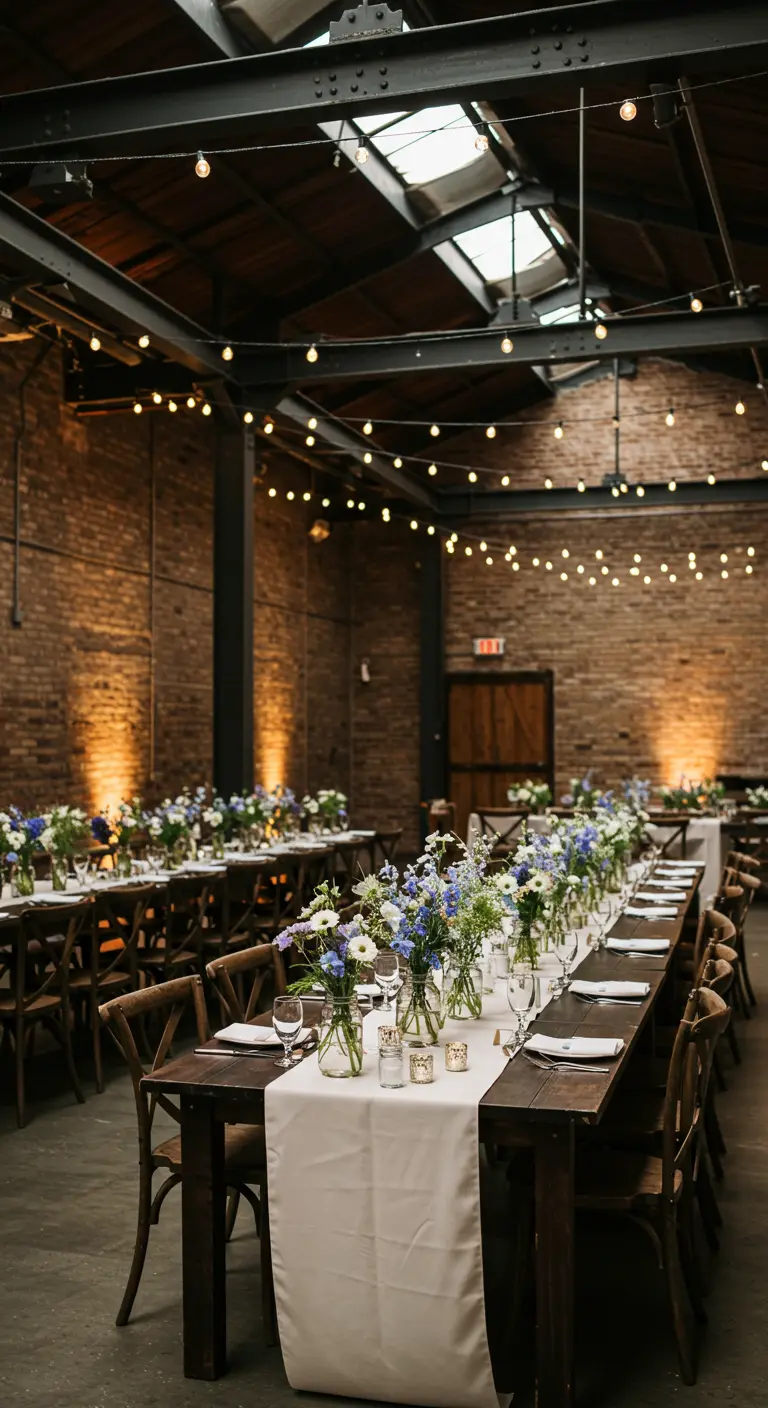 Long wedding table in an industrial loft with a white runner and blue and white wildflower centerpieces.