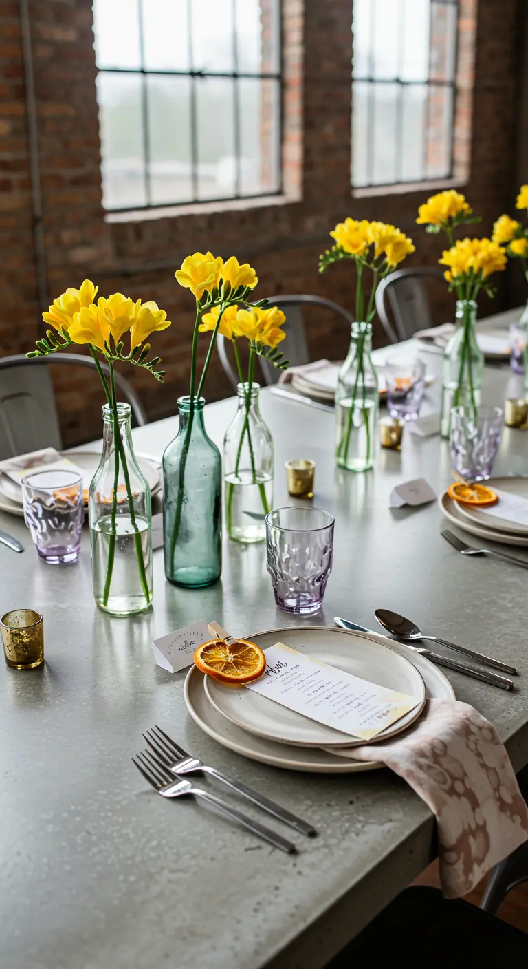 Industrial table with mismatched green and clear glass bottles holding single yellow flowers.