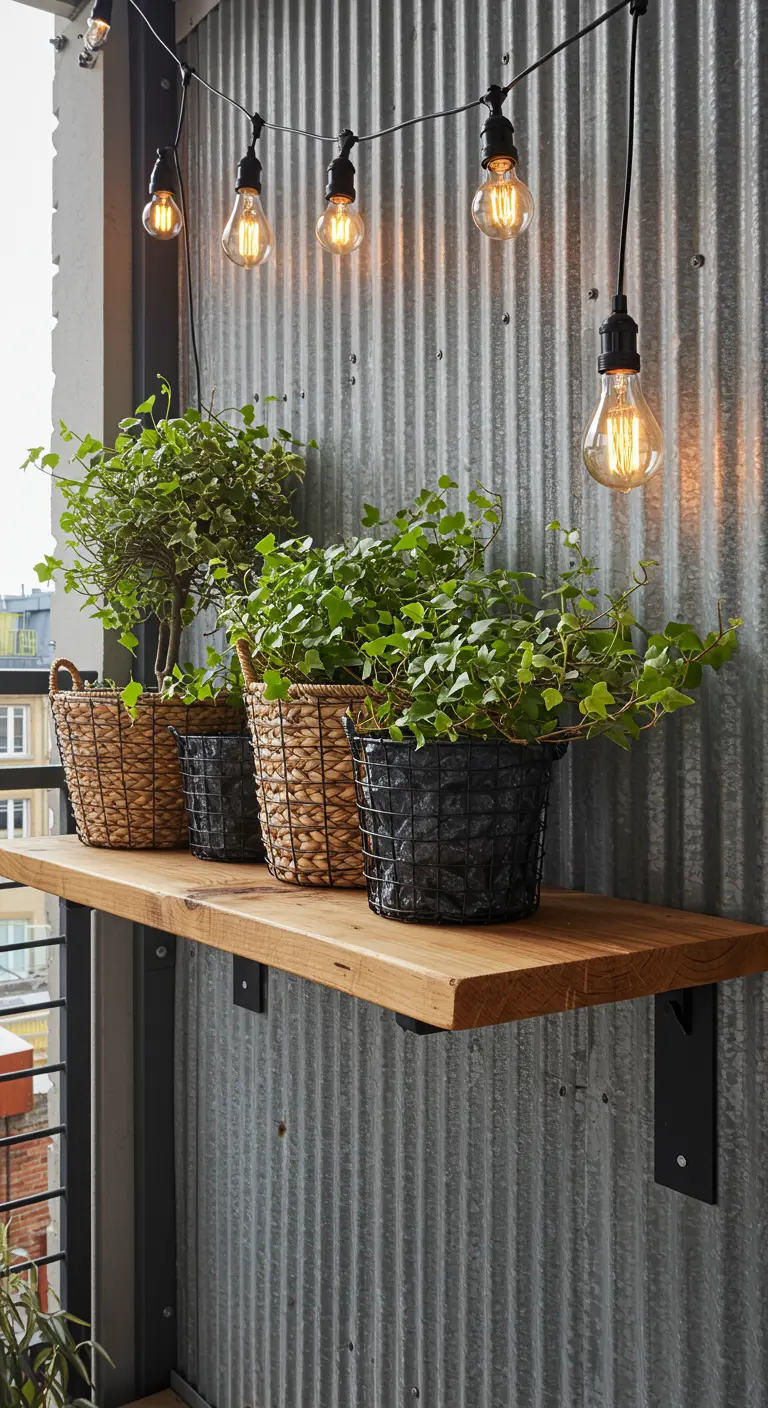 A thick teak shelf on a corrugated metal wall, holding lush ivy in woven and wire baskets.