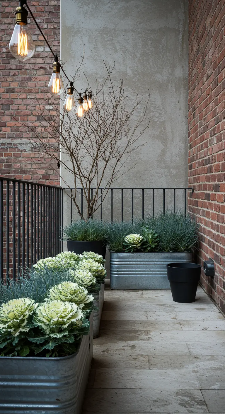 An industrial-style balcony with galvanized troughs, ornamental kale, and Edison bulb string lights.