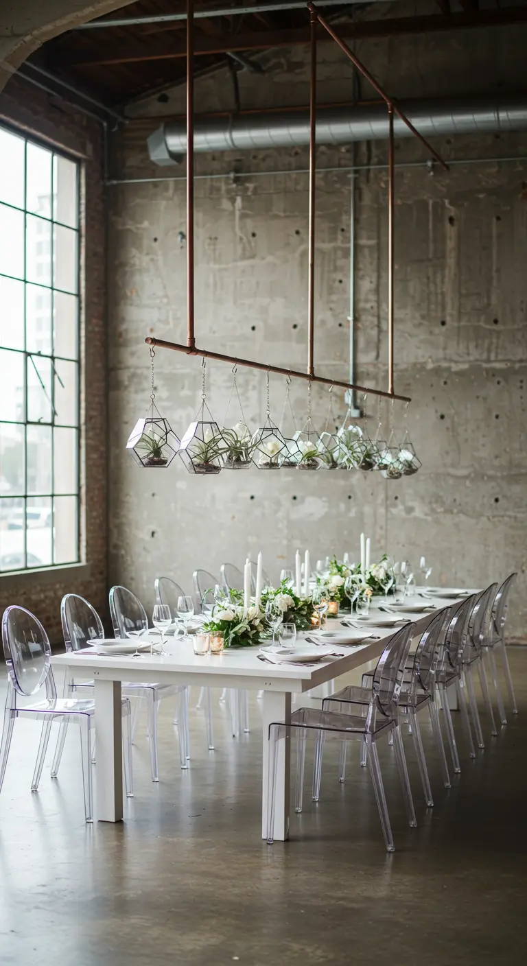 A copper pipe fixture with hanging geometric terrariums over a modern wedding table.