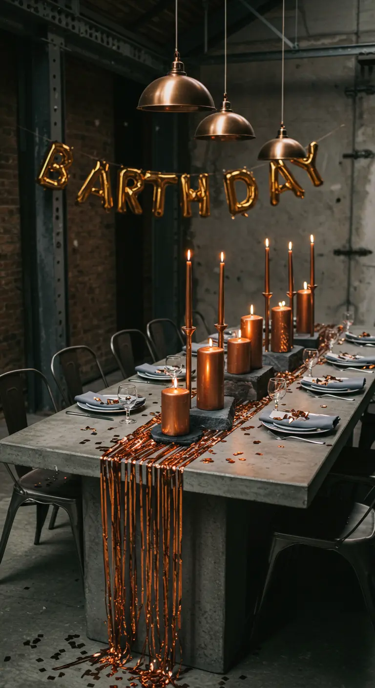Industrial table with a copper fringe runner, copper candles, and metal chairs.