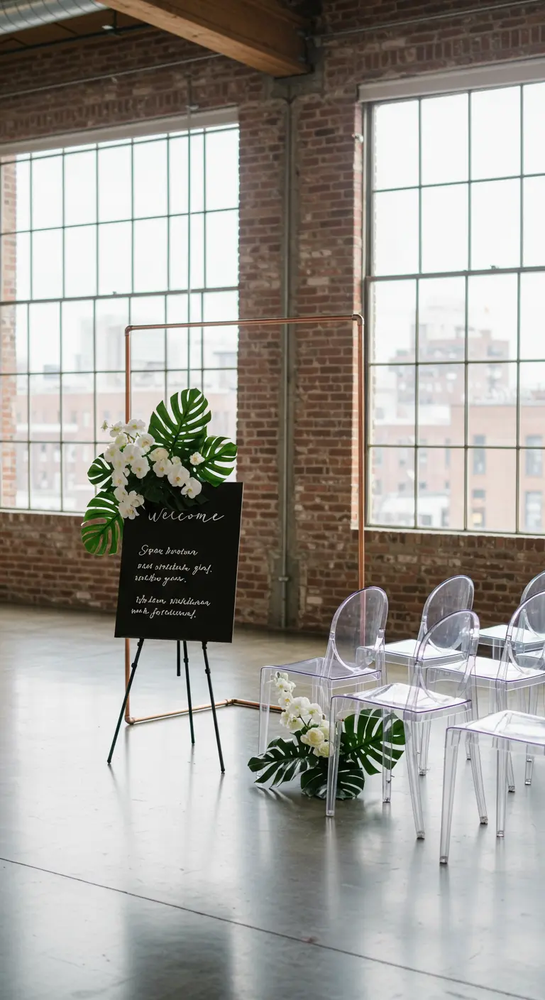 A minimalist copper stand with monstera leaves and a black welcome sign in a loft.