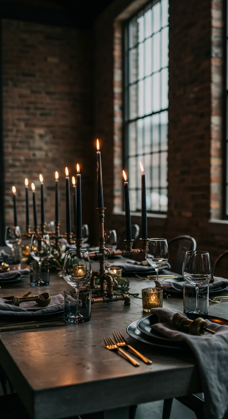 A candelabra made of copper pipes and fittings holding black taper candles on a dark table.