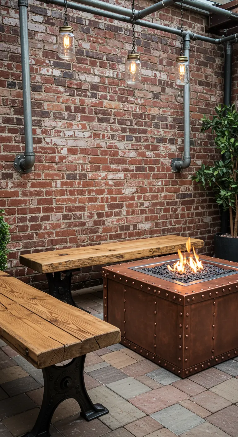 An industrial brick courtyard with a copper fire pit, wood benches with iron legs, and pipe lighting.