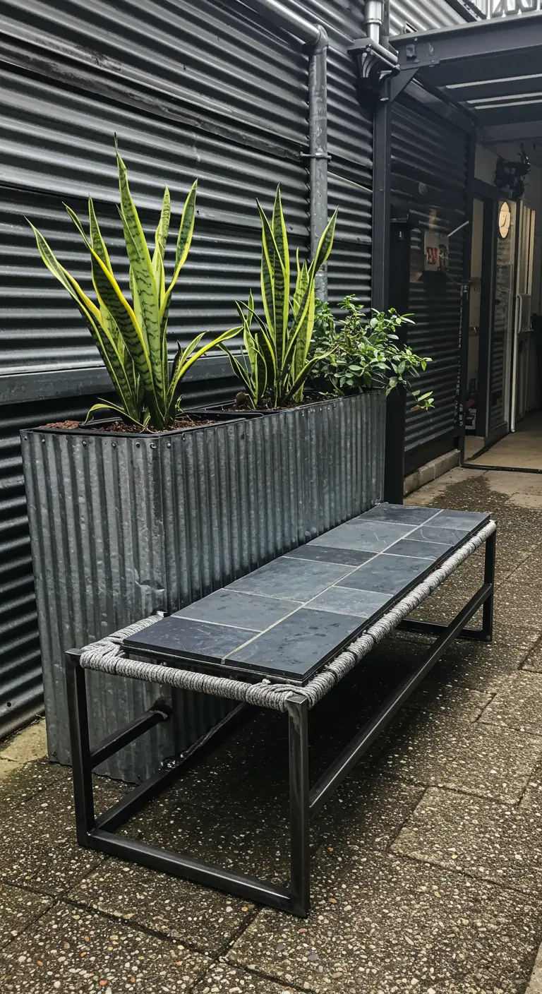 An industrial bench with a metal frame and rope-woven seat next to a corrugated metal planter.