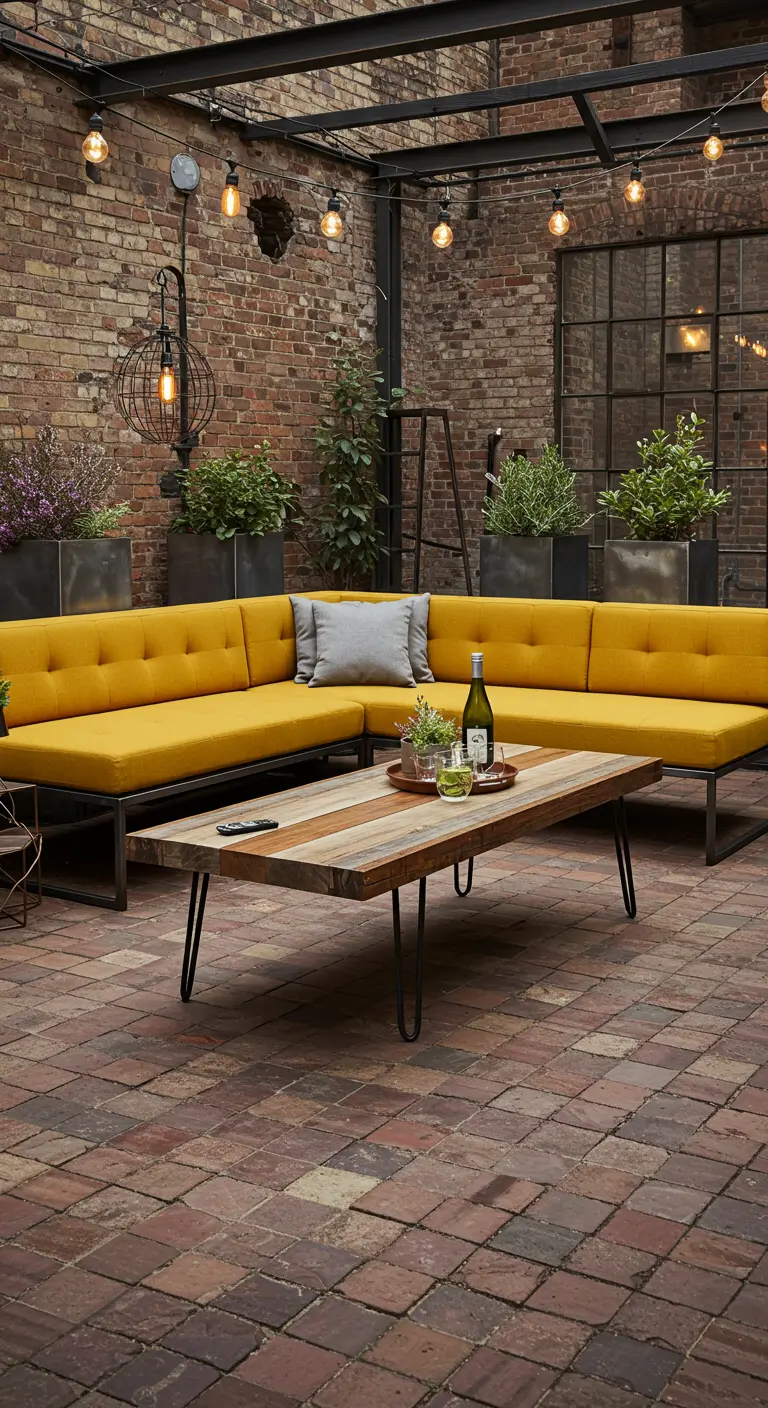 A mustard sectional in a brick courtyard with industrial-style lighting and a reclaimed wood table.