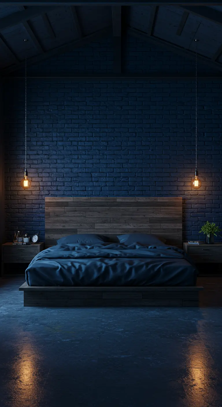 Moody bedroom with a dark blue brick wall and hanging Edison bulb pendants.