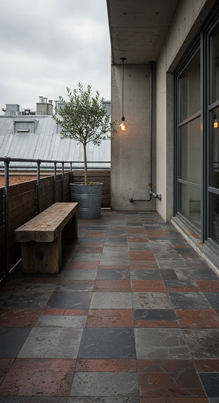 An industrial balcony with dark, rustic slate tiles, a concrete wall, and a chunky wooden bench.