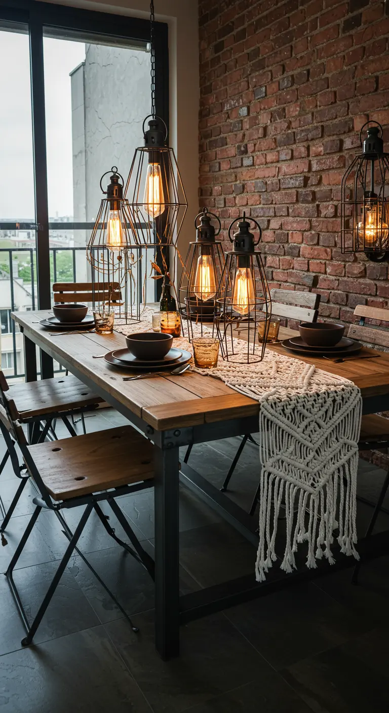 Industrial style dining table with wireframe lanterns and a macrame runner.