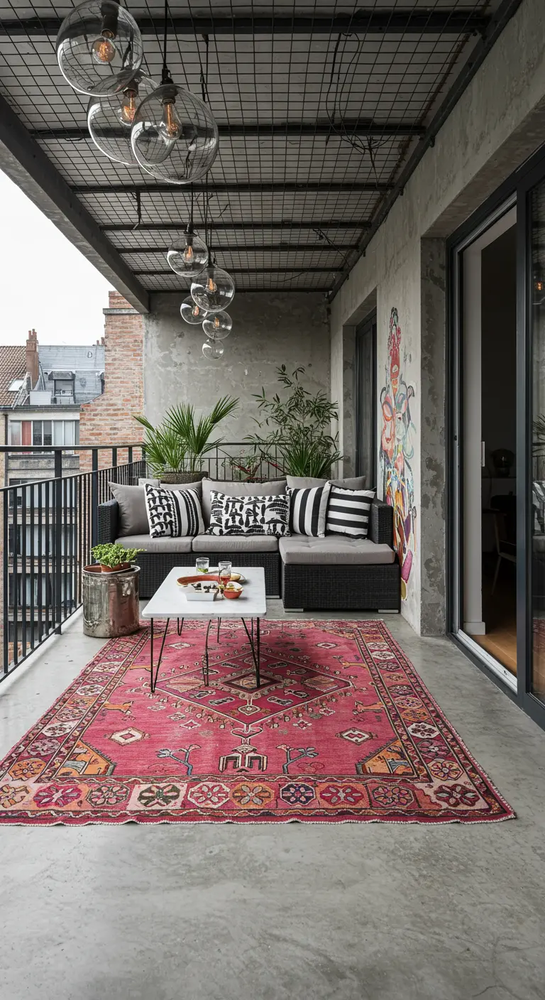 A modern balcony with a concrete wall, a bright pink rug, and a black sectional sofa.