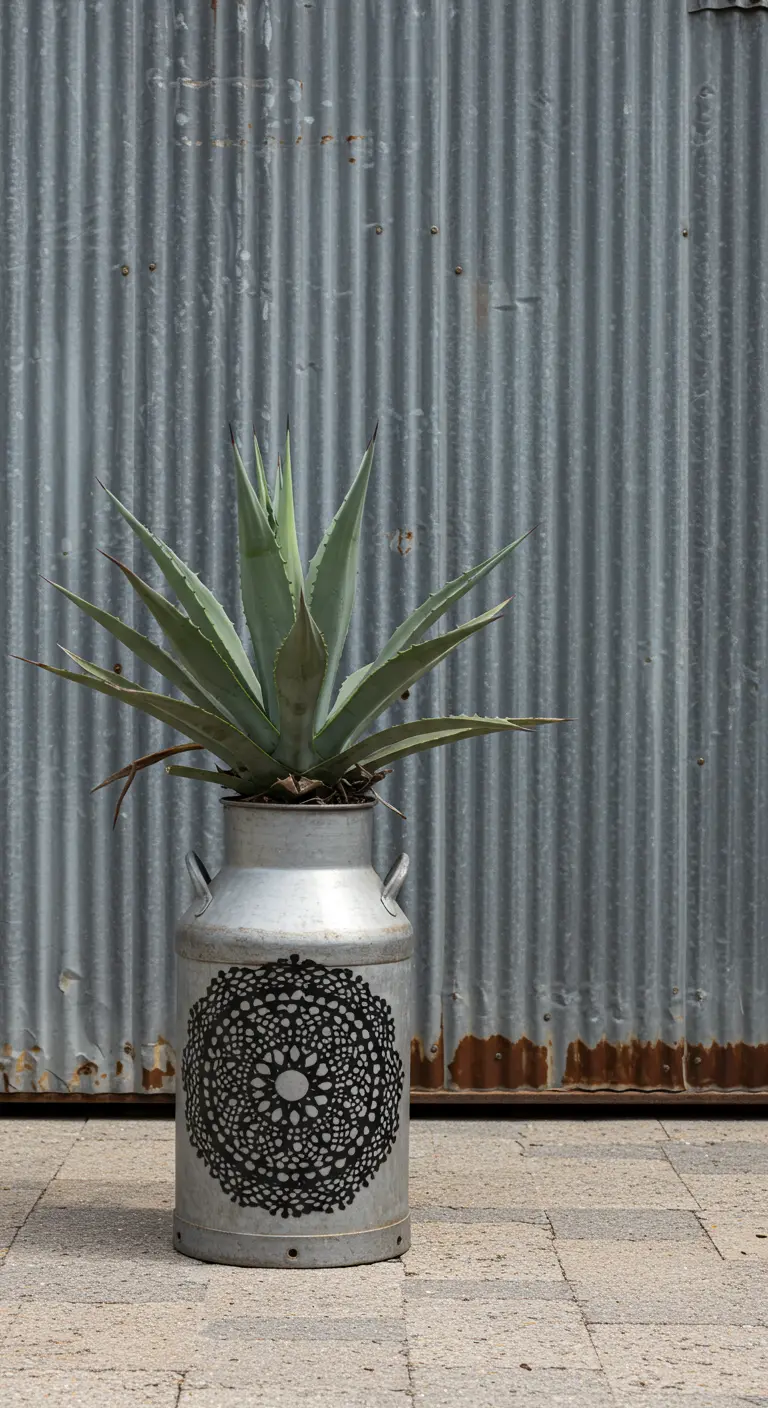 A silver milk can with a black mandala stencil holds a large agave against a corrugated metal wall.