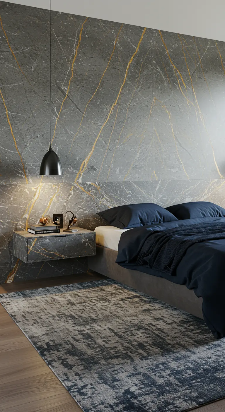 A moody bedroom with a grey marble wall, floating stone nightstand, and a dark abstract rug.
