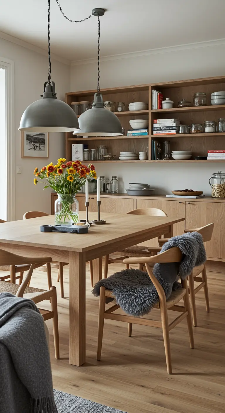 Oak dining table with classic chairs, one with a dark sheepskin, under two large grey industrial pendant lights and open shelving.