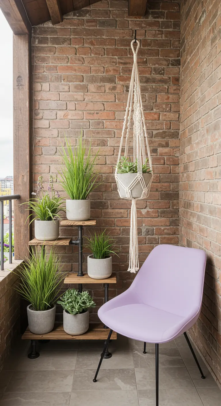 Industrial pipe plant stand against a brick wall with a lilac chair.